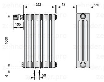 Схема (чертеж) Радиатор Zehnder Charleston 4100/7 №V007 Белый глянцевый RAL 9016